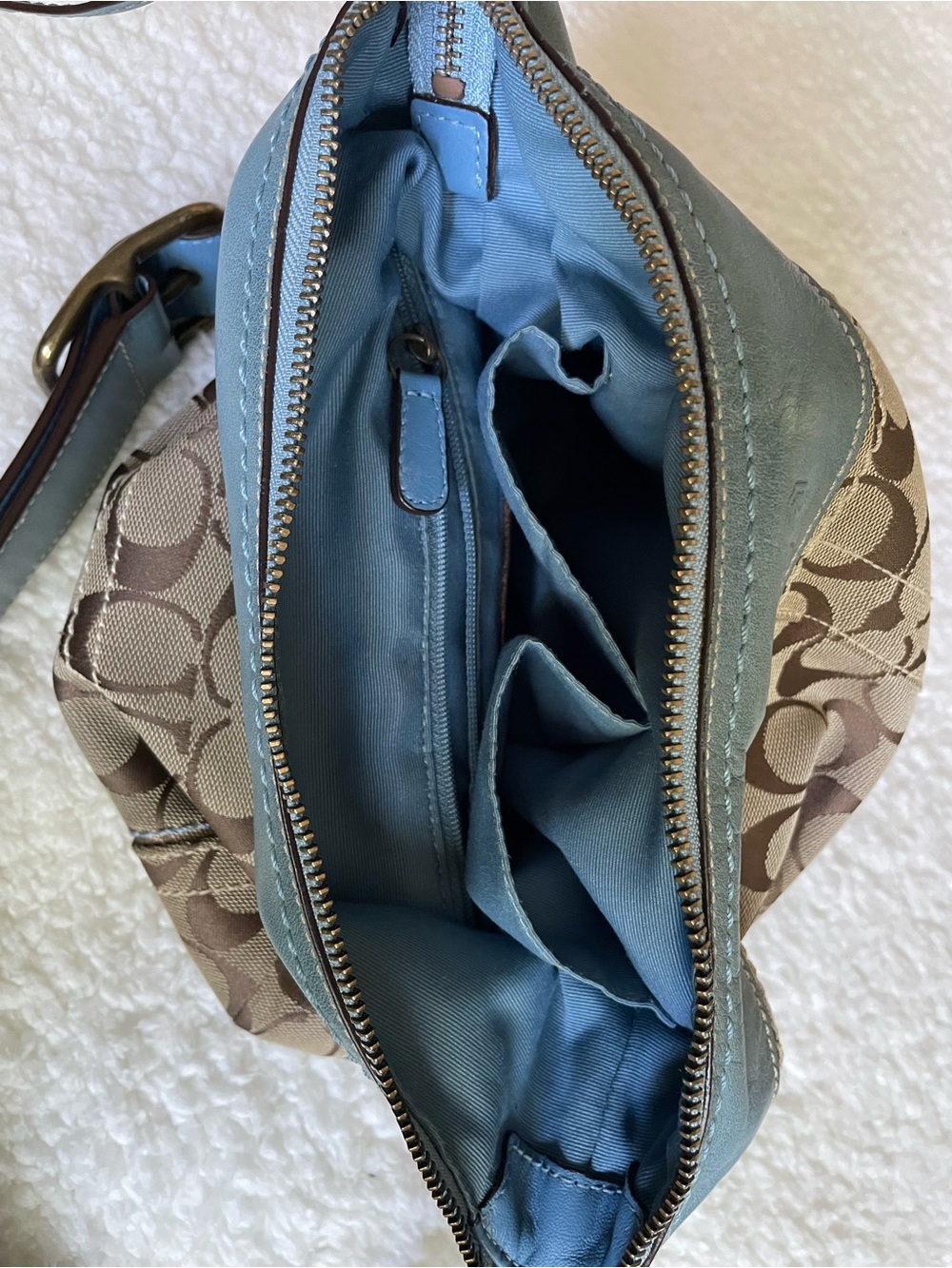 Vintage Y2K Coach signature Logo Blue & Brown Crossbody Shoulder Bag Zip Pockets - Picture 7 of 16